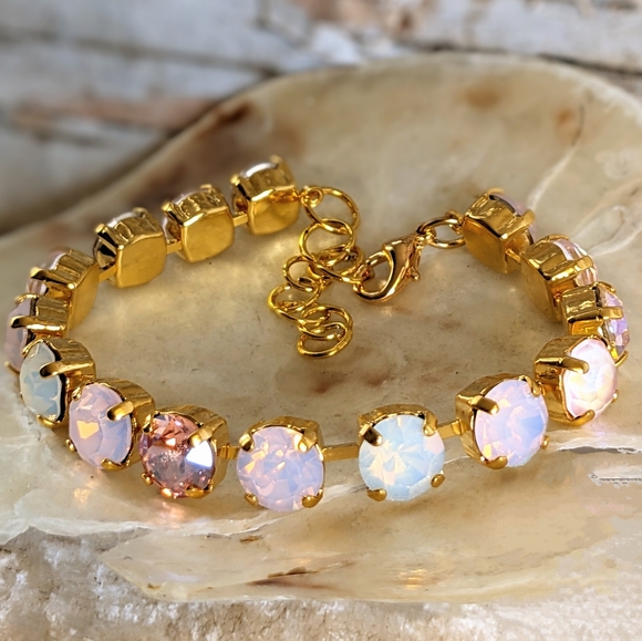 Rose Pink Opal & Pink Opal AB Swarovski Crystal Bracelet In Gold Plated - Picture 3 of 5